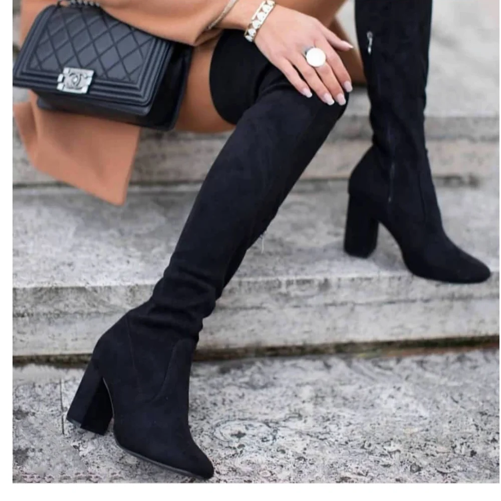 Botas por encima de la rodilla de material ante para mujer,zapatos sexys de tacón alto con cordones - Calzado