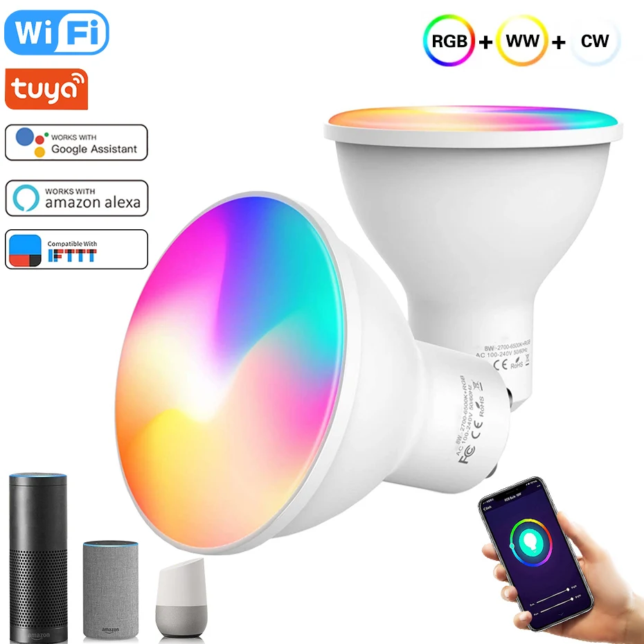 LED Bulb GU10 Spotlight RGB Dimmable Lamp 8W Tuya Smart Wifi or IR Remote Control Led Lights 110V 220V For Alexa Google Home | Освещение