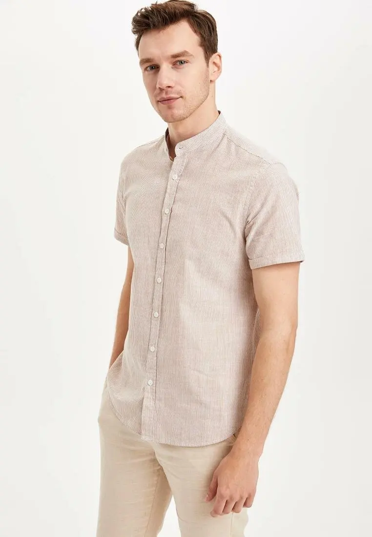 DeFacto Men Fashion Stand Collar Shirts Short Sleeve Simple Casual Cotton Shirt - L1845AZ19SM- | Мужская одежда