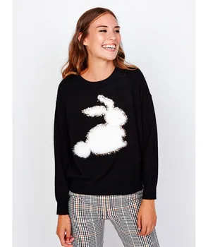 

JERSEY KNITTED RABBIT BLACK long sleeve Black Woman Drawing Casual RABBIT