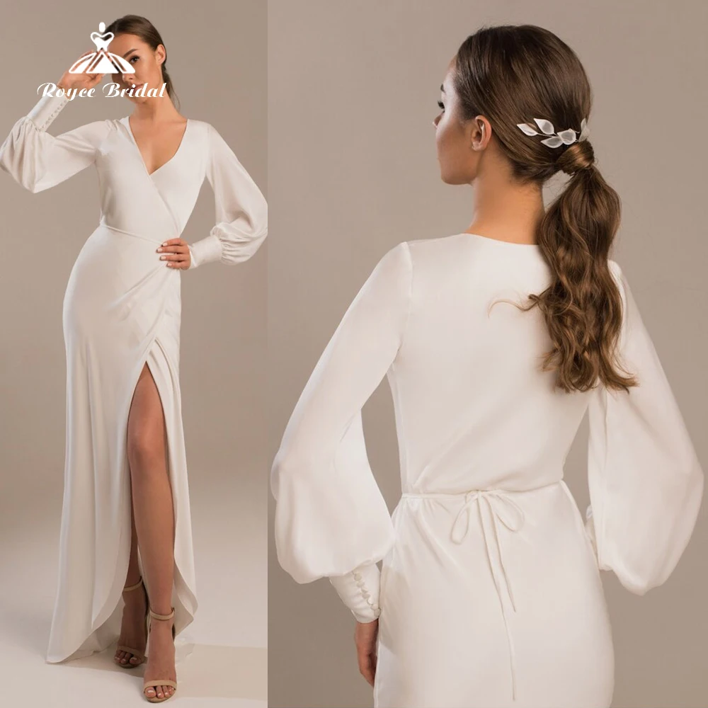 

Minimalistic High Split V-neck Wrap Sashes Bow Full Lantern Sleeve Mermaid Wedding Dress Chiffon Bridal Gown Sweep Floor-Length