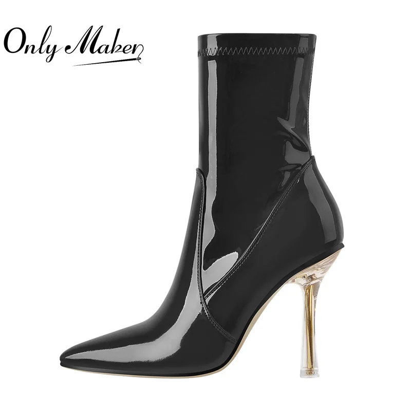 

Onlymaker Women Pointed Toe Patent Leather Ankle Booties Transparent Metal High Heel Concise Inner Flock Big Size