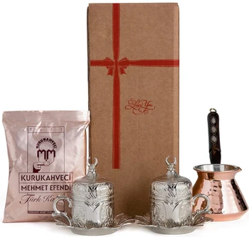 

Turkish Coffee Set Greek Coffee Pot with Heavy Duty Cups Saucers & Coffee Set for 2 Color ( Silver ) and ( Gold )
