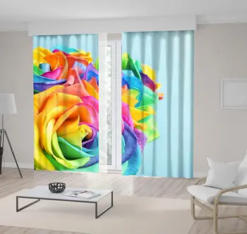 

Curtain Rainbow Rose Bouquet Colorful Flowers Romantic Summer Garden Photo Yellow Pink Blue