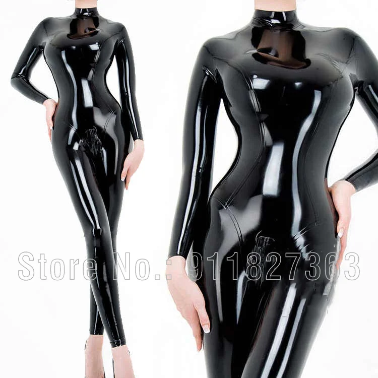 Natural Latex Catsuit Sexy Rubber Long sleeves w Back and Crotch Zipper High Neck Party Wear Customize