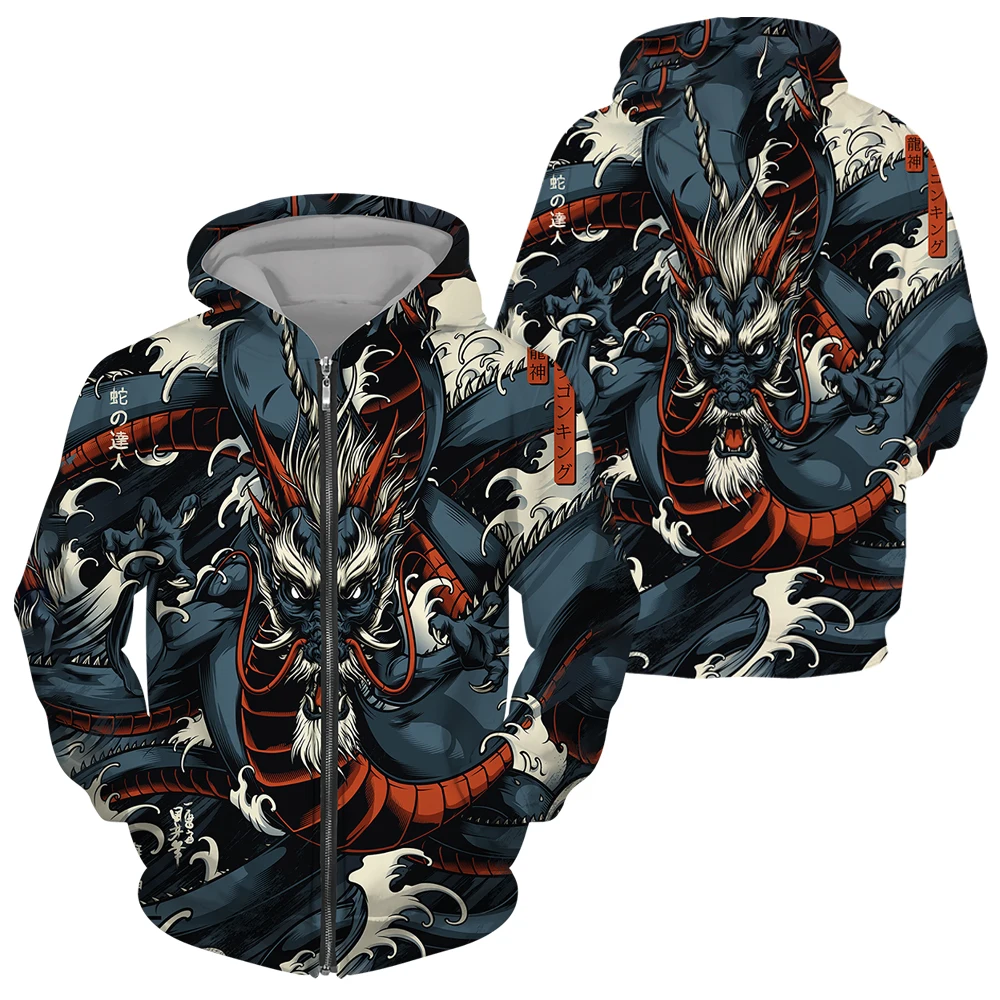 Autumn 3D Oriental Dragon God Printed Mens Hooded Sweater Set Male Japanese Samurai Tattoo Zipper 3d Tracksuit Men Clothing Suit mens jogger sets