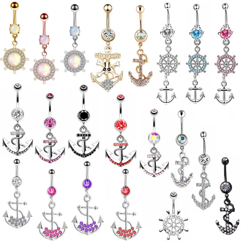 Anchor Belly Navel Ring Aqua jeweled Dangle style 14g  Surgical Steel 