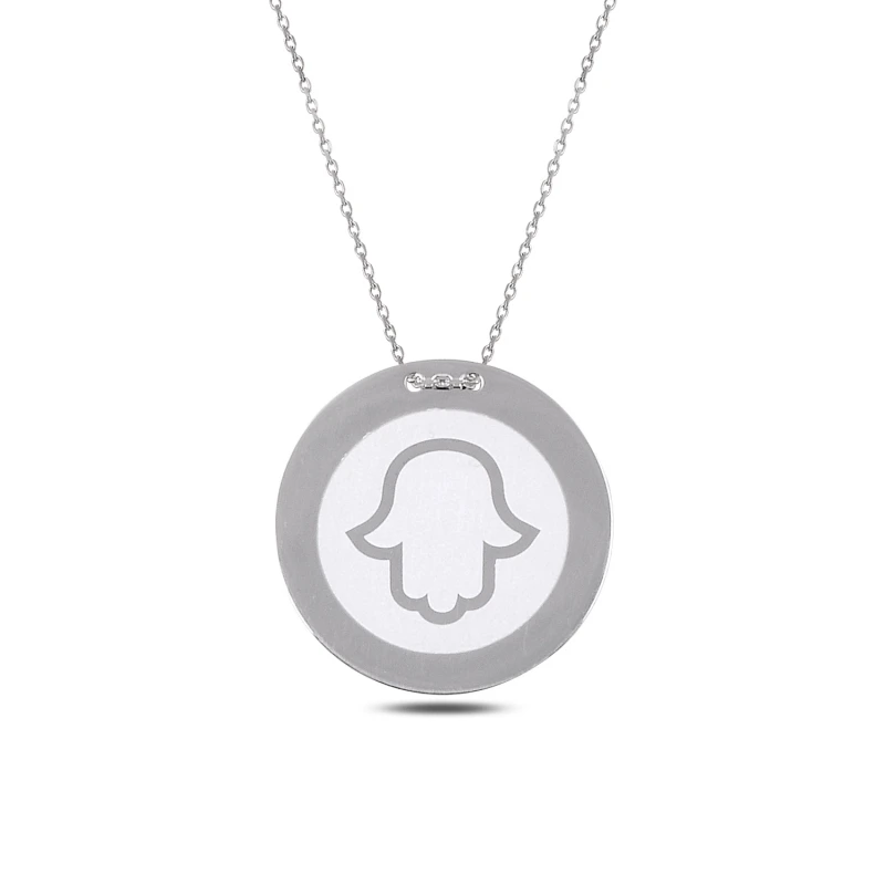 

Silver 925 Sterling Laser Fatma Master Hand Round Plate Necklace