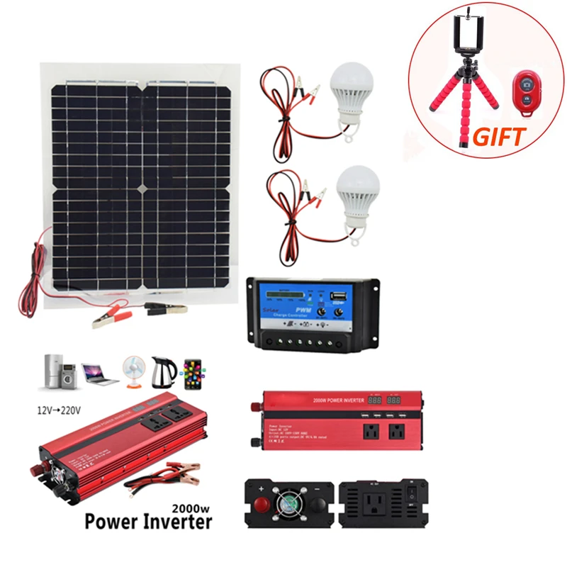 12v 20w Solar Panel With 2000w Inverter 12v To 220v 10a Charger Controller And 2pcs Led Lamp Monocrystalline Solar Cell Battery Solar Cells Aliexpress