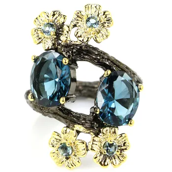 

30x20mm Sublime Antique SheCrown Created Dark London Blue Topaz Black Gold Silver Rings