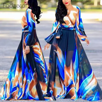 

Fadzeco African Dress For Women Plus Size V-neck Digital Print Fashion Sexy Dress With Waist Strap Dress Autumn New Arrival