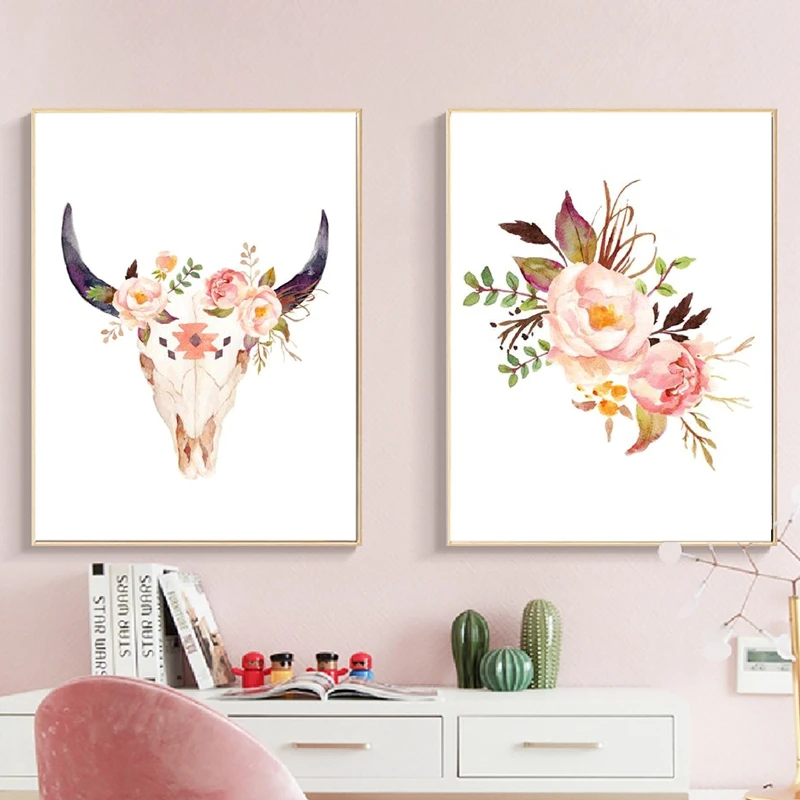 Boho Flowers Skull Watercolor Canvas Painting Wall Picture Home Decor