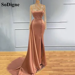 SoDigne High Neck Pink Party Dress Appliques Butons Side Split Long Sleeves Prom Dresses Evening Gowns Vestidos De Festa