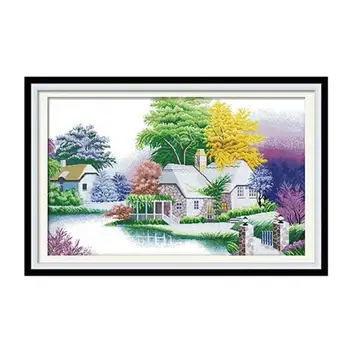 

Village Scenery in Beautiful Winter House in Snow Landscape Stamped Cross Stitch Kit Embroidery needlework set