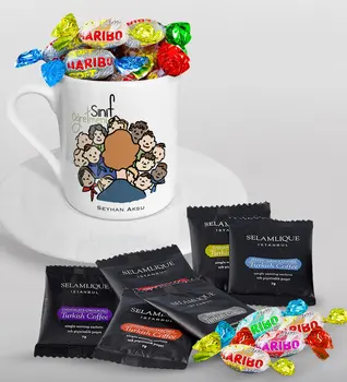 

Personalized Class Teacher Turkish coffee Cup Selamlique Mixed Turkish Coffee House and Haribo Candy Gift Seti-3