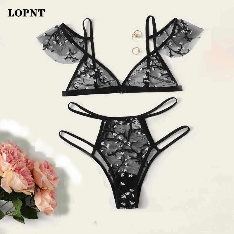 

LOPNT Sexy underwear women set Floral Embroidery Sheer Mesh Lingerie Set no bra Backless Bralette sexi Intimates lace bra set