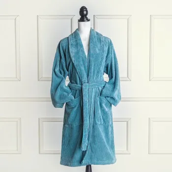 

Velvet bathrobe aqua blue and gray striped 100% cotton