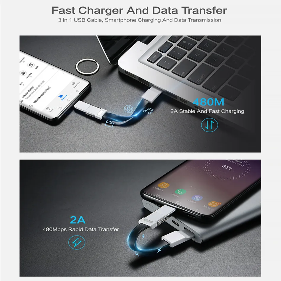 3 в 1 USB кабель Micro usb type C кабель Портативный Ключ для iPhone Xs Max 8 7 Plus samsung S9 мини брелок зарядное устройство зарядный кабель