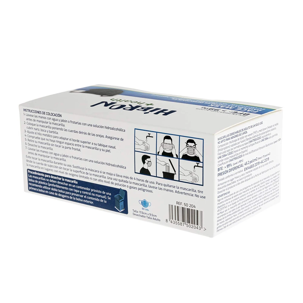 Détail des trois couches du masque jetable HIBRON, filtration efficace pour usage quotidien.