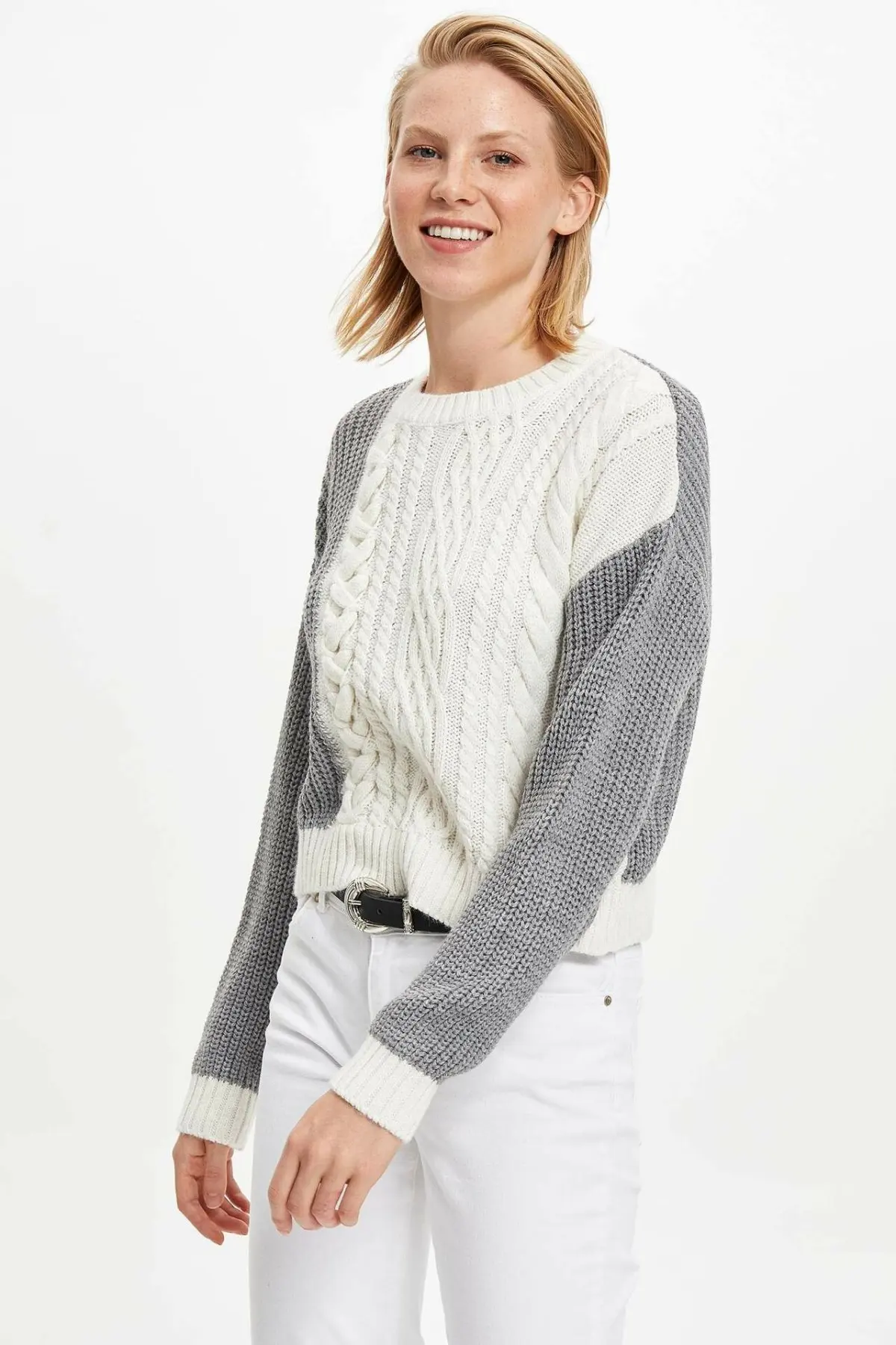 

DeFacto Chic Color Block Women Sweaters Casual White Grey Mixed Woman Pullover Winter Thick Top Pullovers-M2763AZ19WN