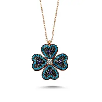 

925 Sterling Silver Necklace Jewelry Nano Turquoise Stone Clover Women Gift Quality Jewelryes from Turkey