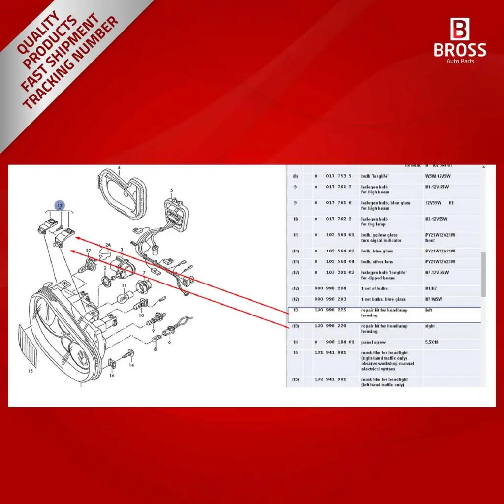 BHL503 Корпус фар Ремонтный комплект левая сторона: 1J0998225 для Golf MK4 1997-2006