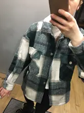 Woolen Coat Shirt Jacket Windbreaker Oversize Plaid Vintage Women Loose Button Winter
