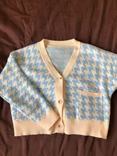 HEYounGIRL pata de gallo a cuadros estampado Cardigan mujeres otoño cuello V Vintage Top corto de punto suéter Casual suelto de punto de invierno