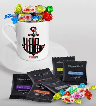 

Personalized Captain Turkish coffee Cup Selamlique Mixed Turkish Coffee House and Haribo Candy Gift Seti-3