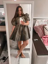 Mini Dress Lantern Short-Sleeve OOTN A-Line Pink Elegant Green Cotton Casual Women Ladies