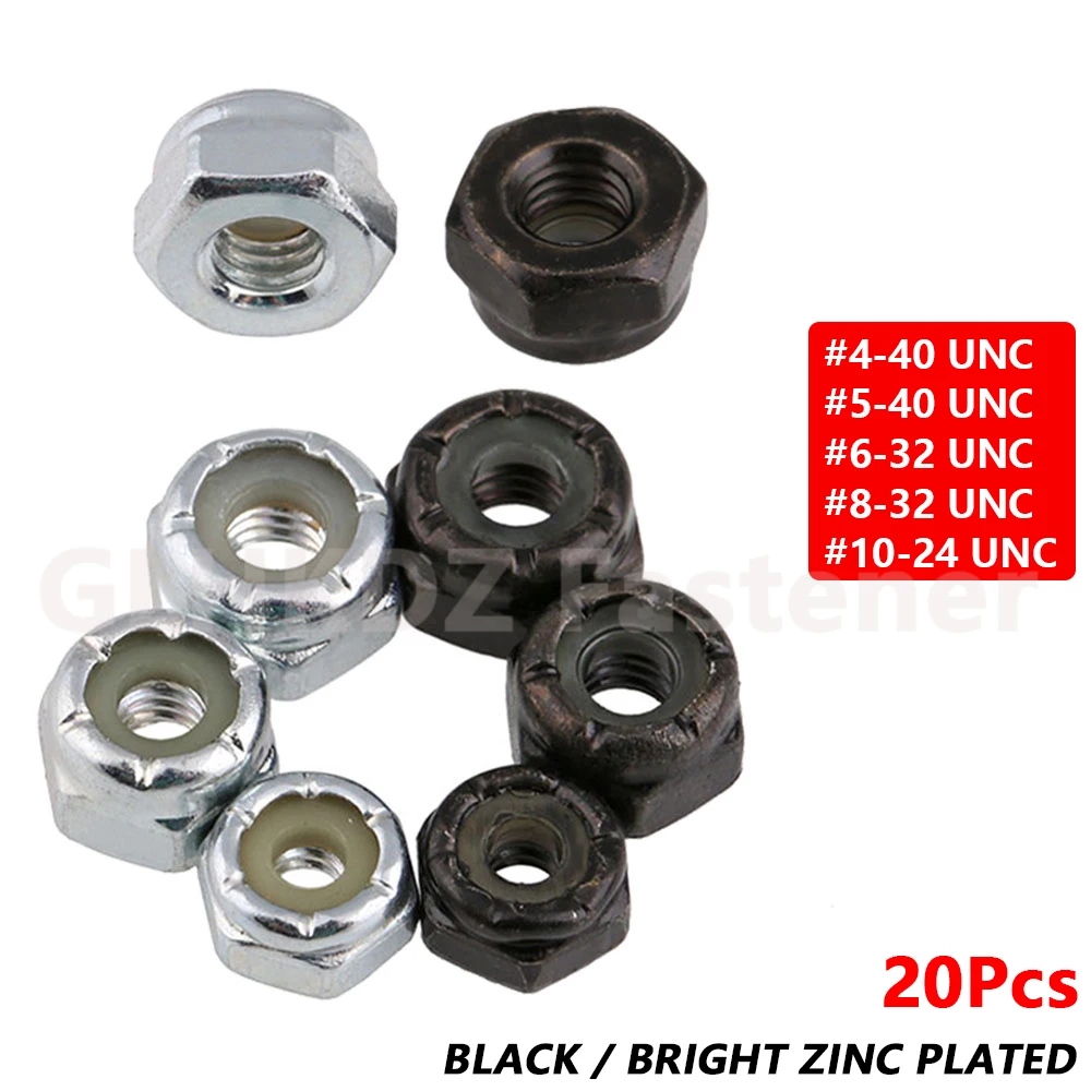 

20pc UNC #4-40 #6-32 #8-32 #10-24 Hexagon Nylon Insert Lock Nut Self-locking Hex Nyloc Nut Black/Bright Zinc Plated Carbon Steel