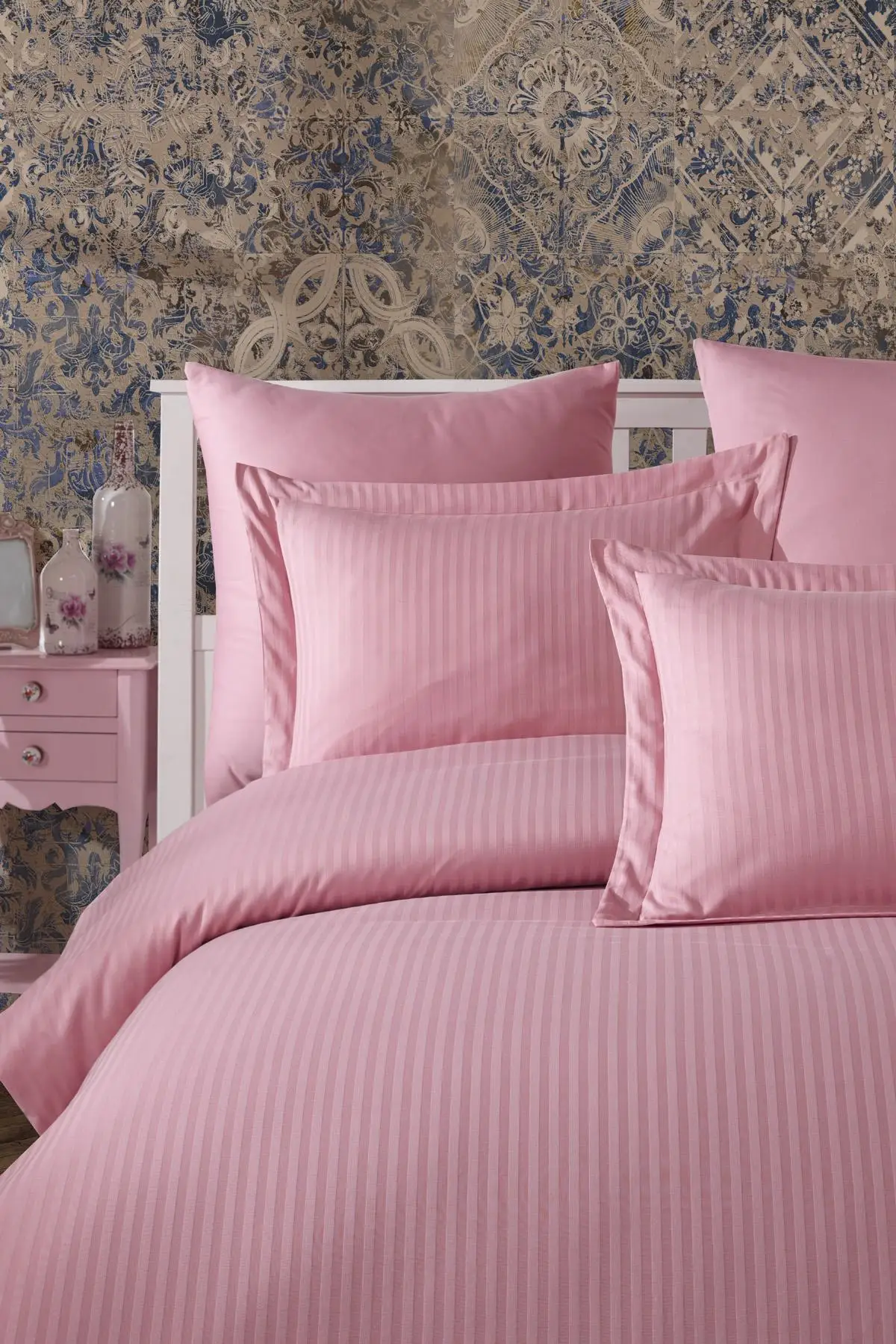 

Pink Solid Color Striped Satin bedding set luxury cotton bed linen set 6 pcs bed sheets quilt duvet cover sets