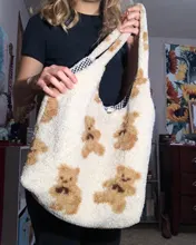 Bolso grande de tela de oveja para mujer, bolso grande de hombro de lona de oso de piel esponjosa, bolso de compras suave de gran capacidad, bolso escolar para niña