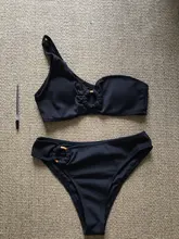 Bikini Womens Swimsuit Rings Biquini Ribbed INGAGA Black High-Waist One-Shoulder Brazilian