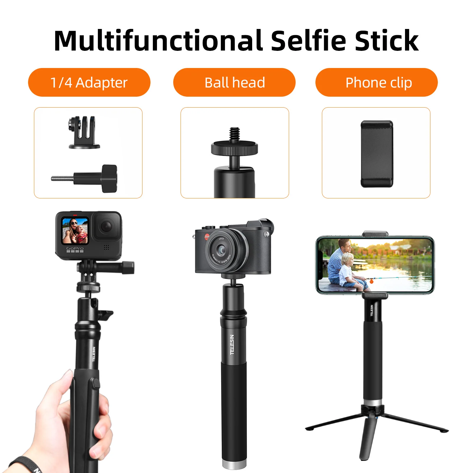 Not included Tripod TELESIN 0.9m Selfie Sticks Aluminum alloy with 360 Roation Ball Head for Gopro Max Hero 9 8 7 6 5 Action Cameras Smartphones DSLR,with Phone Holder and Adapter