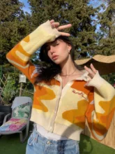 Chaqueta corta de punto con una hilera de botones para mujer, suéter de manga larga con cuello vuelto, Bordado de letras, Harajuku, Otoño, 2020