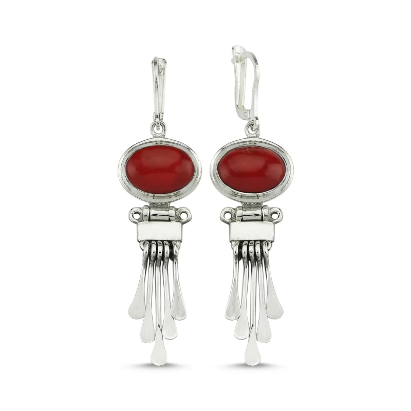 

Silver 925 Sterling Coral Gemstone Dangle Hand Handwork Earrings