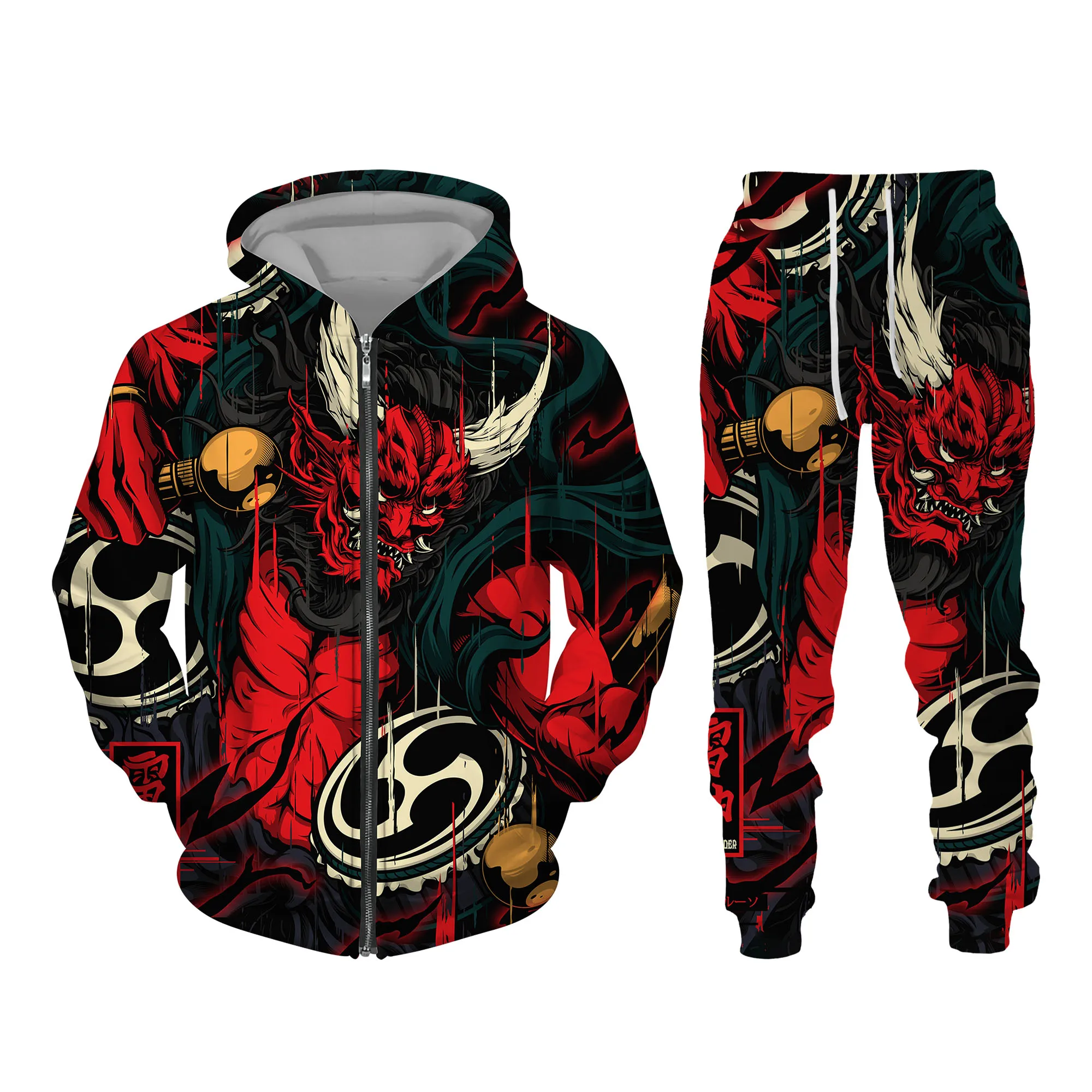 Autumn 3D Oriental Dragon God Printed Mens Hooded Sweater Set Male Japanese Samurai Tattoo Zipper 3d Tracksuit Men Clothing Suit mens jogger sets