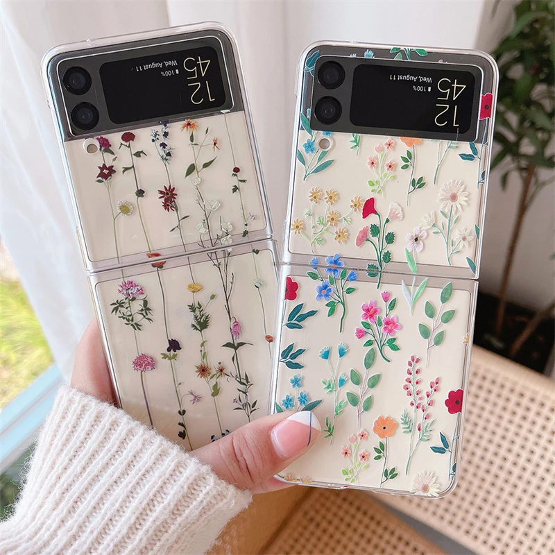 Cute Flower Painting Phone Case For Galaxy Z Flip 3 2 1 Hard PC Cover Transparent Protective Cases For z flip3 5G Floral Funda galaxy z flip3 case