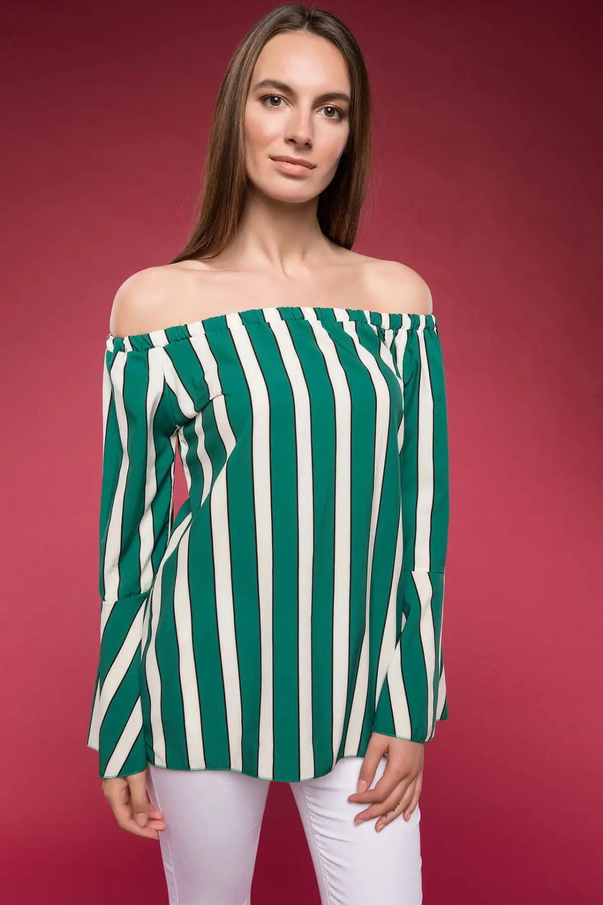  DeFacto Fashion Woman Long Sleeve Blouse Ladies Elegant Off-shoulder Striped Shirt Female Sexy Flar