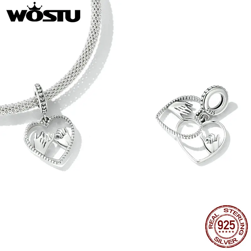 WOSTU Heart Finger Hook Charms Pendents Real 925 Sterling Silver Oath Pendent Fit Original DIY Bracelets Necklace Fine Jewelry