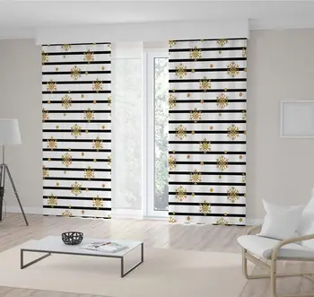 

Curtain Golden Glitter Snowflakes Winter Snow on Black and White Lines New Year Celebration Theme