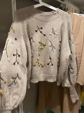 KPYTOMOA-suéter de punto con bordado de cuentas para mujer, Jersey de manga acampanada Vintage, Tops elegantes 2021