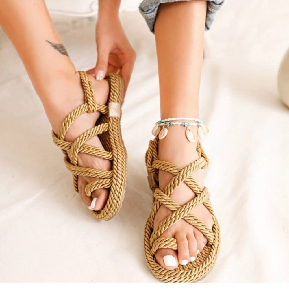 Women's Summer Wicker Rope Roman Sandals Tie Flat Base Sea Beach Daily Light Cool Stylish Design Flip Flop Fashion 2023