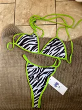 Las mujeres conjuntos de Bikini estampado de cebra verde neón de vacaciones de playa de ocio 2 piezas Sexy traje de baño de trajes G String Thong Tops Halter para mujer traje de baño
