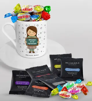 

Personalized World Best Öğretmeni Turkish coffee Cup Selamlique Mixed Turkish Coffee House and Haribo Candy Gift Set-17 with