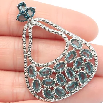 

47x34mm Super Big European Design Hollow Created London Blue Topaz Jewelry For Women Silver Pendant