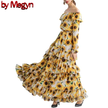 

2020 spring summer runway new style women maxi dress long sleeve elegant party dress sunflower print sexy dress runway style