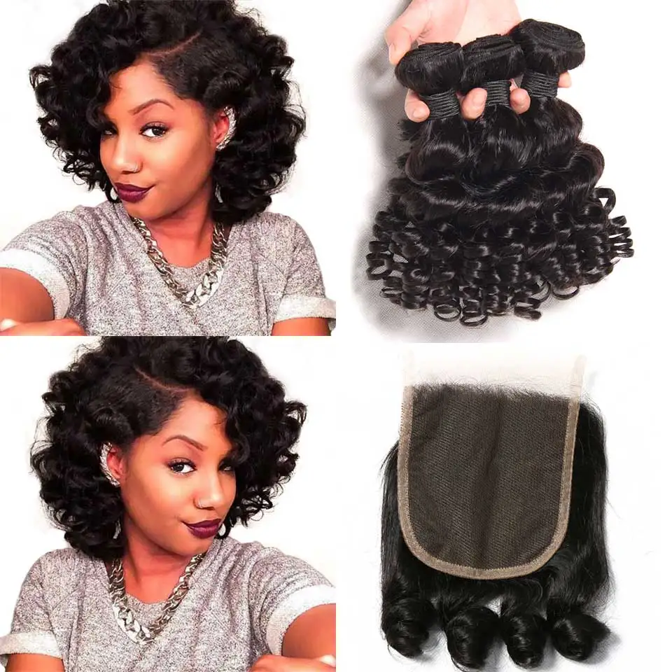 

Bouncy Curly Weave Human Hair 3 Bundles Deals With Closure Funmi Brazilian Hair Weave Bundles With Closure Non Remy Hair