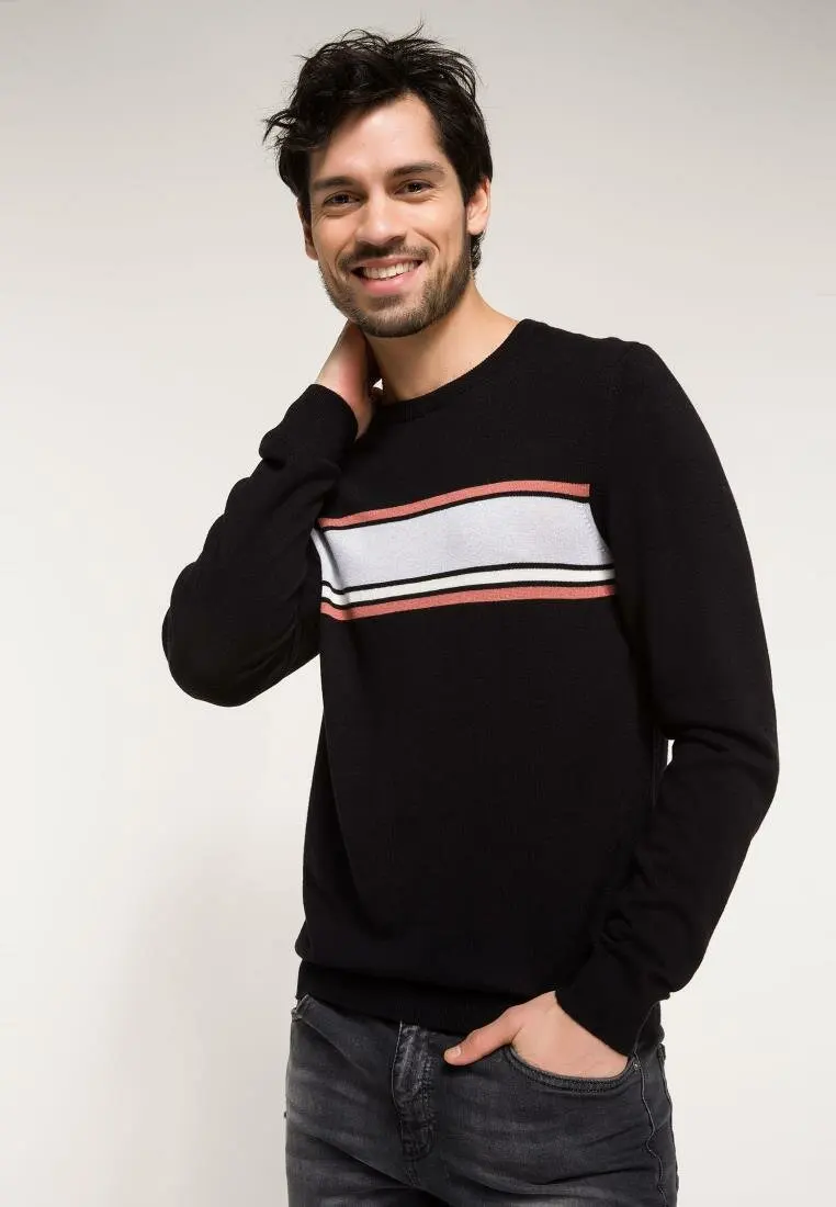 

DeFacto Men Fashion Crew Striped Pattern Cotton Tops Casual Pullover Leisure Men Simple Joker Pullover Autumn New-I4043AZ18SP